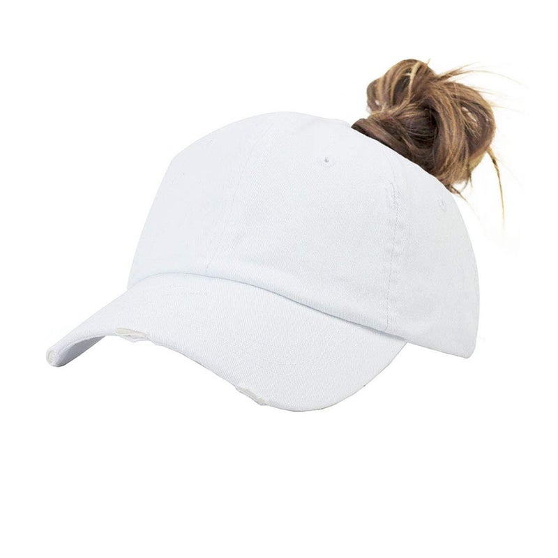 Eohak Ponytail Baseball Hat Distressed Retro Washed Womens Twill White - Image 1